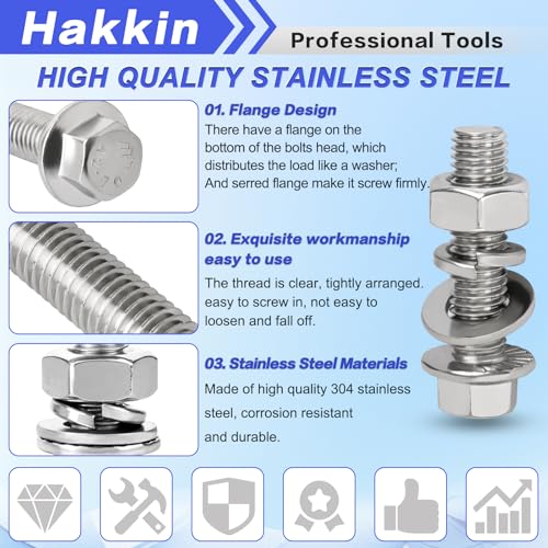 370PCS Metric Flange Bolt Assortment, M6x1.0, M8x1.25, M10x1.5 (12mm to 40mm) Hex Head Bolts and Nuts Assortment, Stainless Steel 304 Flange Bolts Nuts Washers Kit Hakkin, Hex Socket Included - size: L. M6 M8 M10