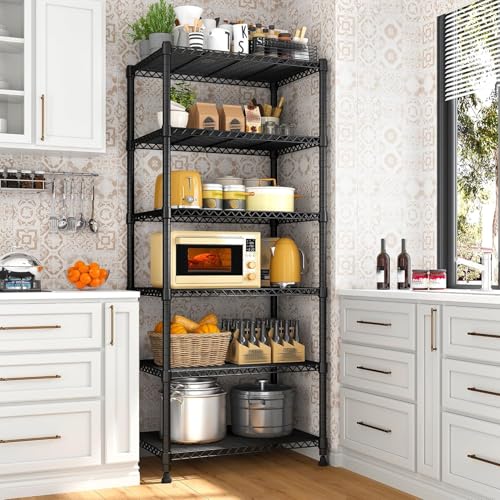 Storage Shelves - 6 Tier Metal Shelving Unit, 14" D × 30" W × 70" H - color: Black, size: 14"D X 30"W x 70"H, 6 Tier