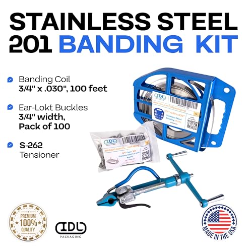 IDL Packaging 3/4" Stainless Steel 201 Banding Kit - Heavy-Duty Banding Tool + 3/4" x 0.03" x 100' Stainless Steel 201 Banding Coil + 100 Stainless Steel Ear-Lokt Buckles - size: 3/4" x 0.03" x 100', style: SS 201 + Ear-Lokt Buckles