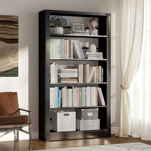 5-Tier Industrial Bookshelf, White Bookcases and Bookshelves,Tall Bookshelf Storage Organizer,Freestanding for Living Room, Bedroom,Home Office,Meta,Black - color: Black, size: 69"H*36"W