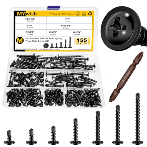 155Pcs Black Self Tapping Screws for Metal #8x1/2, 5/8", 3/4", 1", 1-1/4", 1-1/2", 2", 410 Stainless Steel Truss Head Sheet Metal Screws, Self Drilling Screws for Metal Plastic & Wood by Mywish - color: Black, size: 155Pcs Kit