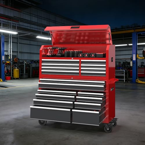 LARBANKE 60'' Rolling Tool Chest Combo, 18-Drawer Heavy Duty Steel Tool Cabinet with Power Outlet, Locking System & Wheels, Mobile Tool Box Organizer for Garage, Workshop, Mechanic & DIY Home Use - color: Red, size: 18 drawer tool chest