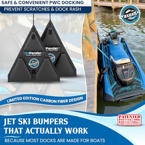 WAVESRX PWC Fender Bumper & Soft Loop Cleats for Safe and Convenient Jet Ski Docking - Patented TriFender Protects Jetski from Dock Rash & Scratches Folding Design with Adjustable Bungee - color: Carbon Fiber