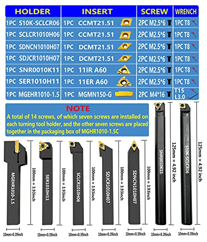 7PCS 3/8" Shank Indexable Carbide Lathe Turning Tool Holder Set Cutting Tools for Turning Grooving Threading Boring Bar with Carbide Turning Insert MGMN150-G CCMT21.51 DCMT21.51 11ER 11IR