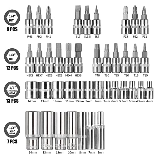 Egofine 53 Pieces 1/4 inch Drive Socket Ratchet Wrench Set with 72 Tooth Reversible Ratchet, with Bit Socket Set and Extension Bar for Auto Repairing and Household, with Storage Case - color: Red, size: 1/4" 53 PCS with 72 Teeth Ratchet
