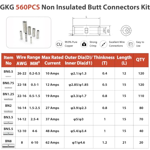 GKG 560 PCS Non Insulated Butt Connectors Kit, 26-8 Gauge Butt Splice Kit
