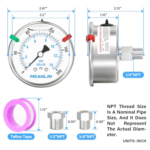 MEANLIN MEASURE 0~200Psi Stainless Steel Liquid Filled Pressure Gauge 2.5" FACE DIAL 1/4" NPT for Air Compressor Air Regulator Water Filter Back Mount with Stainless Steel Hex Bushing and Snaps - size: 0-200Psi, style: Back Mount