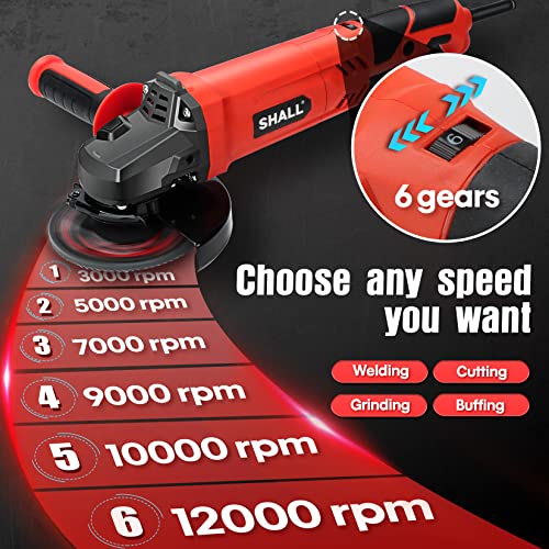SHALL Angle Grinder Tool 7.5Amp 4-1/2 Inch, 6-Variable-Speed Grinders Power Tools, Electric Metal Grinder 12000 RPM w/ 2 Safety Guards, Cutting Wheels, Flap Discs, Non-Slip Handle for Metal/Wood - size: Variable-Speed