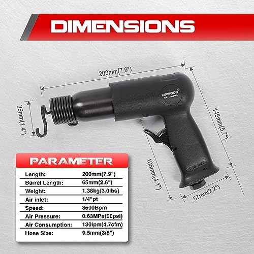 UW-AH190 Medium Barrel Air Hammer Kit with Quick Change Retainer and 4 Chisels, 2-5/8 Inch Stroke, 3500 BPM, Lightweight - style: UW-AH190 Medium Barrel
