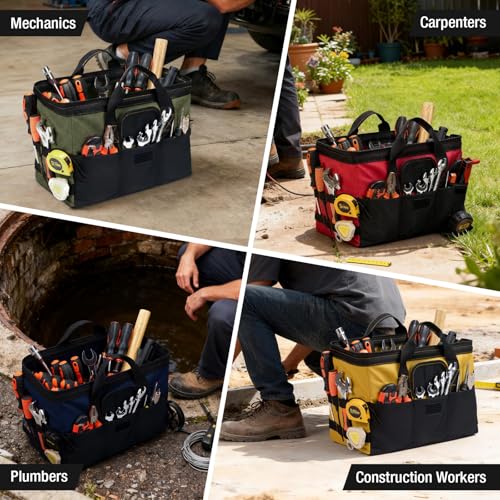 HISEA 3 Pack Heavy Duty Tool Bag, 16-Inch Waterproof Tools Organizer Tote - color: Navy, Yellow, Red, size: 16 Inch