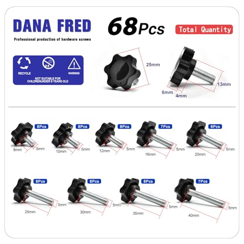 68 Pieces Star Knobs Screw Kit M5 Nylon Black Plastic Replacement Star Hand Knobs with Steel Tightening Screws Standard Metric Handle Thread Stud Bolt Hardware M5x8/10/12/16/20/25/30/35/40 mm - size: M5