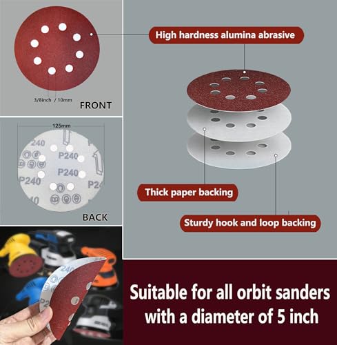 120 PCS 5 Inch 8 Hole Red Round Sandpaper, 60 80 100 120 150 180 220 240 320 400 600 800 Grit Sanding Discs, Hook-and-Loop Abrasive Sander Paper for Random Orbit Floor,Drywall Sander