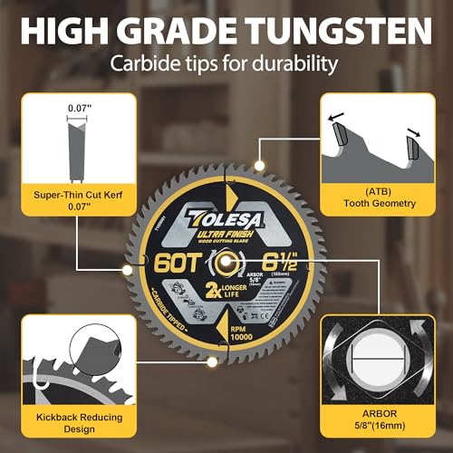 TOLESA 6 1/2 Circular Saw Blades, 60T for Wood and Plywood, 3-Pack - size: 6-1/2'' 60T