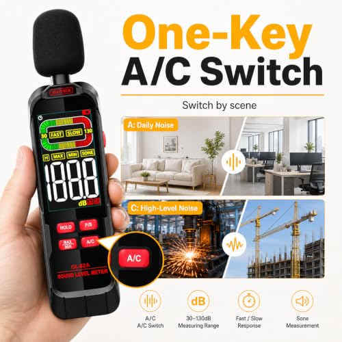 Decibel Meter, Digital Sound Decibel Meter - Range 30-130dB - color: Black-B