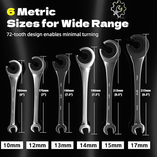 KJE 6PCS Metric 10-17mm Ratcheting Flare Nut Wrench, Brake Line Wrench Set, Ratcheting open end Tubing Wrench Set, 72-Tooth, CR-V, for Nuts on Fuel, Brake or Air Conditioning Lines, Gifts for Men - size: 6PCS 10-17mm Ratcheting