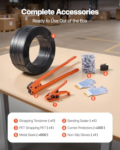 VEVOR Banding Strapping Kit, Heavy Duty Banding Sealer Tool with 2000 ft PET Band, 600 Metal Seals, 200 Corner Protectors, Plastic Pallet Packaging Strapping Kit for Warehouse, Transportation, Home - size: PET 5/8"x2000' 6PC Set