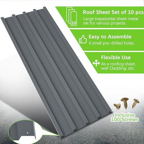 Metal Roof Panels 10 Pcs Roofing Panels Galvanized Steel with Screw Resistant,Versatile and Durable Suitable for Garages,Sheds, Stables and Mobile Homes Gray - color: Gray, size: 10 pcs/L42.52"