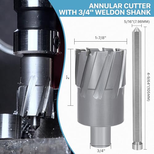 KEENTECH Carbide-Tipped Annular Cutter, 1-7/8" Diameter x 2" Depth, 3/4" Weldon Shank (2 Flat), High Speed Cutting TCT Mag Drill Bit with Pilot Pin for Harder Material, Stainless Steel, Cast Iron - size: 1-7/8" Dia * 2" Depth
