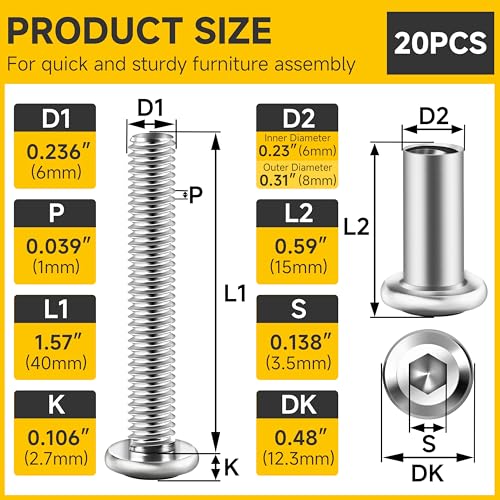 Mywish 10Sets M6 x 40mm Flat Head Hex Socket Cap Screws Bolts and Barrel Nuts Kit, 304 Stainless Steel Furniture Connector Bolts, Metric M6 Countersunk Binding Screws for Crib Cabinet with Hex Spanner - size: M6 x 40mm