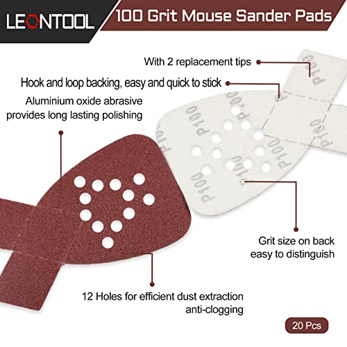 20 Pcs Mouse Detail Sander Sandpaper 100 Grit 12 Hole Mouse Sander Pads with 2 Extra Tips for Replacement Hook and Loop Sandpaper Triangle Sanding Sheets Aluminum Oxide Sanding Pads - style: 100 Grit