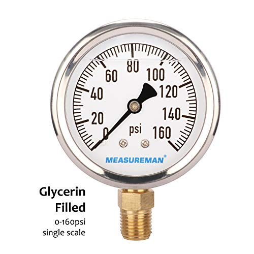 MEASUREMAN 2-1/2" Dial Size, Glycerin Filled Plumbing Pressure Gauge, 0-160psi, Stainless Steel Case, 1/4" NPT Lower Mount - size: 0-160 psi, style: Lower Mount