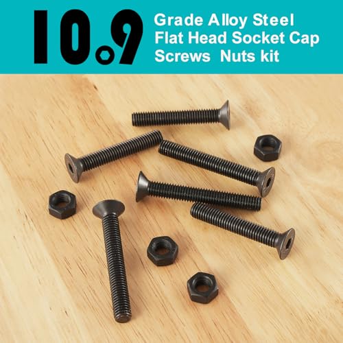 M6 x 10mm 20mm 30mm 40mm, Flat Head Hex Socket Cap Screws Bolts, Countersunk Bolts and Nuts, 10.9 Grade Alloy Steel, Black Oxide, Metric Allen Drive, Fully Thread, Assortment Kit 80PCS - size: M6x10-40mm+Nuts