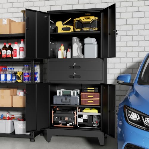 Metal Storage Cabinet for Garage, Tool Cabinet, Utility Cabinet - color: Black, size: L - 4 Doors & 2 Drawers (Feet)