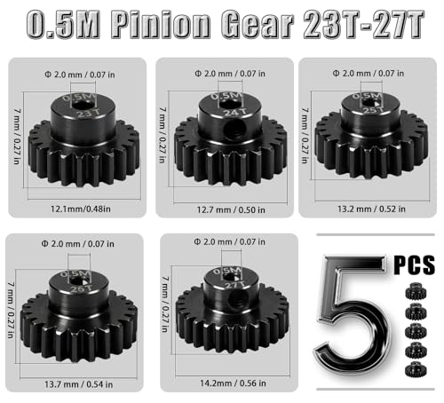 Hardened Steel 0.5M Pinion Gear 23T 24T 25T 26T 27T 2mm Shaft for RC Car, Compatible with ARRMA 1/14 Typhoon 1/16 Mojave 1/18 Granite, Losi 1/12, 0.5Mod 13T-27T Gear for Brushed Brush-Less Motors - size: 23-27T