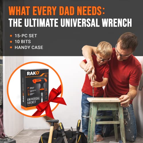 RAK Universal Socket Tool - Birthday Gifts for Men - Set of 15, 1/4-to-3/4-inch Wrench Grip, T-Handle Ratchet Driver, 10 Screwdriver Bits - Gifts for men, Husband, Handyman - style: Universal Socket Tool