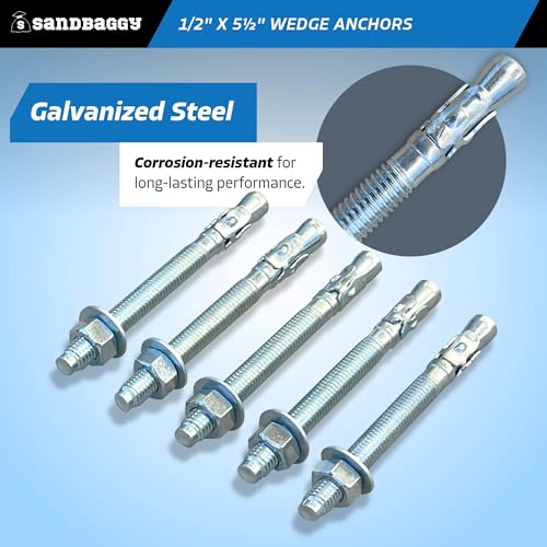 Sandbaggy 1/2" x 5-1/2" Concrete Wedge Anchors Bolts - Hex Head (Galvanized) - Masonry, Concrete (25, 1/2" x 5-1/2") - size: 1/2" x 5-1/2"