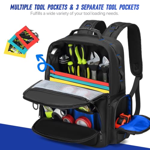 Tool Backpack,Heavy Duty Tool Bags for Men,Tool Storage Organizer Bag With 3 Tool Pouches for Electrician/Industrial/Construction/Tactical/Hvac Techs/Repairman Work (Blue) - color: Blue