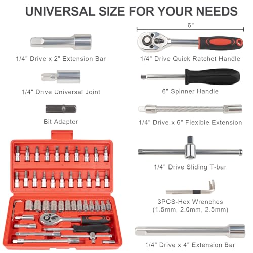 Beaiguna 46PCS Small Drive Socket Ratchet Wrench Screwdriver Set, 1/4 Inch Metric Socket and Ratchet Wrench Set with Extension Bar, Upgrade Compact Tool Set for Car - size: Small