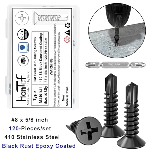 120Pcs Self Tapping Screws for Metal, 410 Stainless Steel, Black Coating, #8 x 5/8" Phillips Drive Flat Head Self Drilling Screws, Countersunk Sheet Metal Screws, Deck Screws Kit with 1 Bits - size: 100pcs #8 x 5/8", style: Flat Head