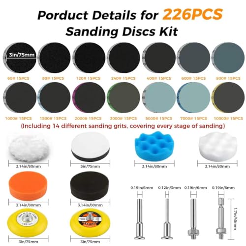 226pcs 3 Inch Sanding Disc Headlight Buffing Sanding Pads Restoration Kit Wet Dry 60 to 10000 Grits Hook and Loop Drill Sanding Attachment with 1/4" 1/8" Shank for Car Wood Metal Glass Resin - size: 3 INCH