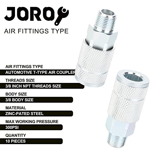 3/8 Air Compressor Hose Fittings, Automotive T-Type, 3/8 Inch NPT Male Threads Size, Steel Material, 10 Pieces Air Coupler Set - size: 3/8 MNPT COUPLER