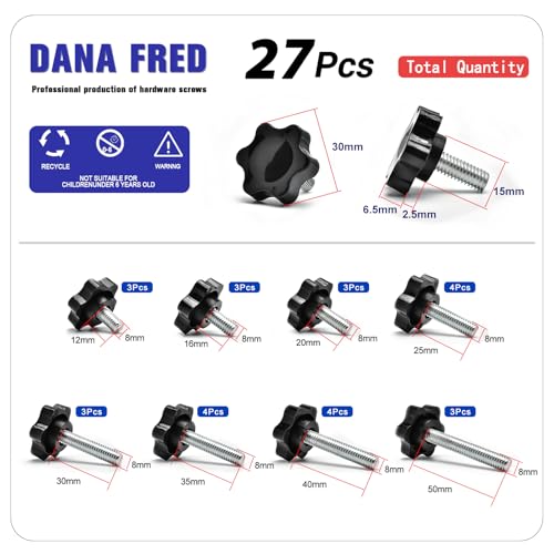 27 Pieces Star Knobs Screw Kit M8 Nylon Black Plastic Replacement Star Hand Knobs with Steel Tightening Screws Standard Metric Handle Thread Stud Bolt Hardware M8x12/16/20/25/30/35/40/50 mm - size: M8