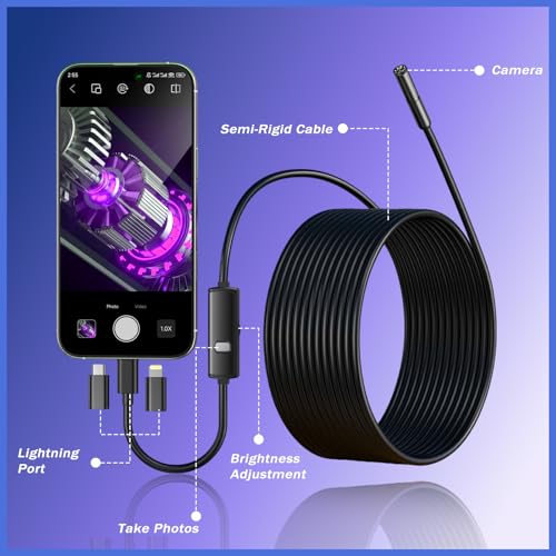 Industrial Endoscope Camera, 1920P HD Borescope with 8 Adjustable LED Lights, IP67 Waterproof Semi-Rigid Cable, for Car Repair, Pipe Inspection, Home Appliance Maintenance, iOS & Android