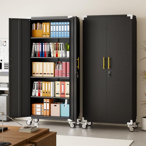 pozdeg 71" Black Tall Lockable Rolling Metal Garage Storage Cabinet 