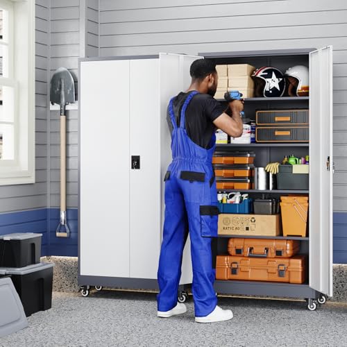 Yizosh Metal Garage Storage Cabinet with Locking Doors and Adjustable Shelves,- 75" Rolling Steel Tool Cabinet for Home Office,Garage,Warehouse - color: Gray White, size: 75"H x 32"W x 16"D
