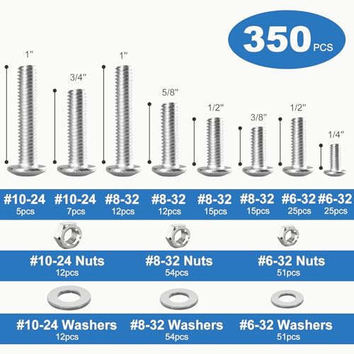 350PCS Machine Screws Assortment Kit, #6-32#8-32#10-24 Phillips Head Nuts and Bolts Assorted Set with Storage Case, Bolts Nuts and Flat Washers Kit - color: Silver, size: 350PCS-#6 #8 #10