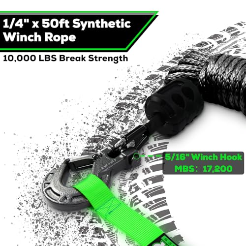 Synthetic Winch Rope Cable Kit, 1/4" x 50ft 10000LBS Black Winch Rope with Protective Sleeve, Forged Winch Hook, Rubber Stopper and Safety Pull Strap for ATV UTV - color: black, size: 1/4"x50ft