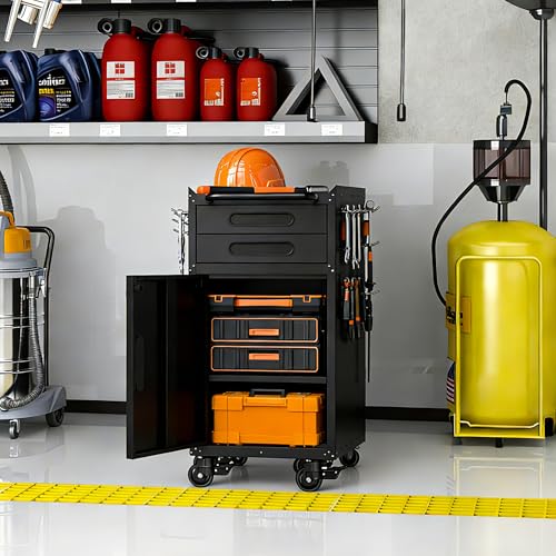 Metal Storage Cabinet for Garage, Tool Cabinet, Utility Cabinet - color: Black, size: S - 2 Drawers & 1 Door (Wheeled)
