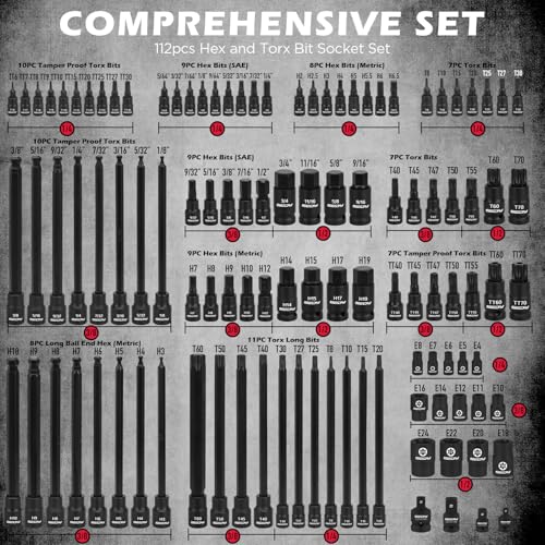 112-Piece Torx and Allen Bit Socket Set, 1/4", 3/8",1/2" Drive Bit Socket Set with Quick-Release Ratchet Wrench, Adapters, Extra long torx/Tamper proof torx/Hex/Ball End Hex/E-Trox,SAE/Metric,S2 Steel - style: 112-Piece Ultimate Set