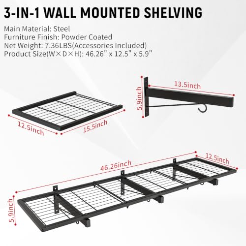 Garage Wall Shelves, 46"X12.5" Garage Shelving Wall Mounted, Heavy Duty Shelf Storage Rack with 4 Hooks, Black Organizer Floating Metal Shelf 160 LBS Capacity for Office, Basement, Laundry Room - size: A-1 PACK