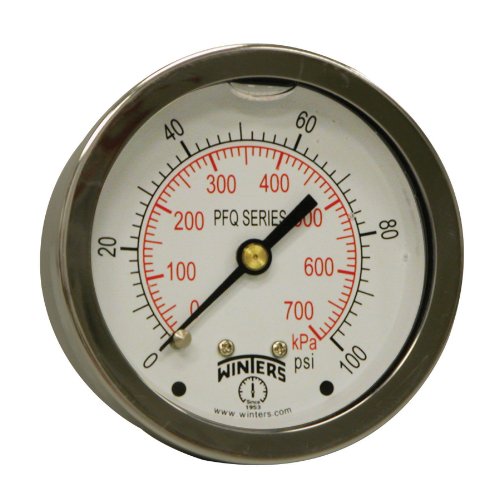 Winters 2-1/2" Dial Size, Liquid Filled Industrial Pressure Gauge, Brass Internals, 304 Stainless Steel Case, Dual Scale 0-100 psi/kPa, 1.5% Acc, 1/4" NPT Back Mount, Glycerin Filled Pressure Gauge - style: 0/100 PSI/kPa