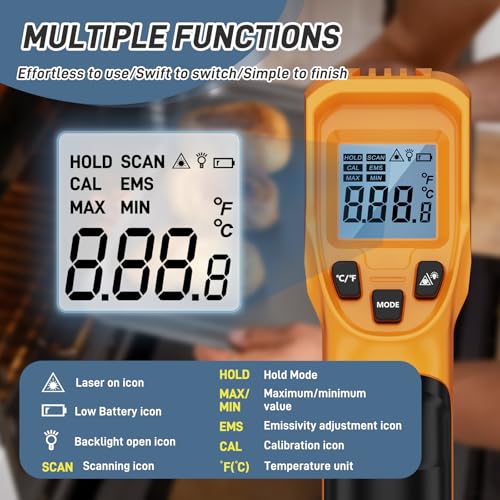 Infrared Thermometer Laser Temperature Gun -58℉ to 1112℉,with Cal Calibration and Adjustable Emissivity,Min& Max Measure,for Cooking,Oven,Meat Food,HVAC,Appliance(Yellow) - color: Yellow