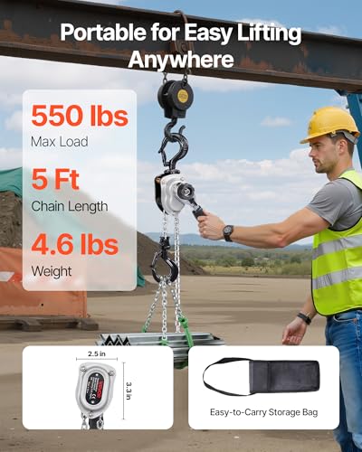 VEVOR Manual Lever Chain Hoist, 1/4T 550LBS Capacity Heavy Duty Come Along, 5FT Lift G80 Alloy Steel Chain with Dual Pawl Mechanical Brake,360°Rotating Hooks, for Warehouse Construction Garage