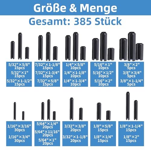 385PCS SAE Roll Pin Set (26 Sizes) - size: 385 pieces SAE Roll Pins