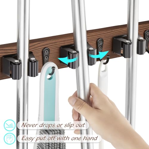 OUTNILI 2 Pack Mop Broom Holder Wall Mount with 3 Slots & 4 Hooks - Rustic Wood Broom Mop Hanger for Pantry Kitchen Organization - Garden Tool Organizer for Closet Laundry Room - color: Brown-3 Grips, size: 2 Pack