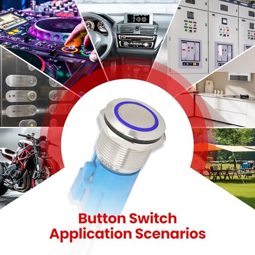 19mm Latching Push Button Switch 12V DC, IP65 Waterproof - color: Silver Stainless Shell Blue, size: 19mm